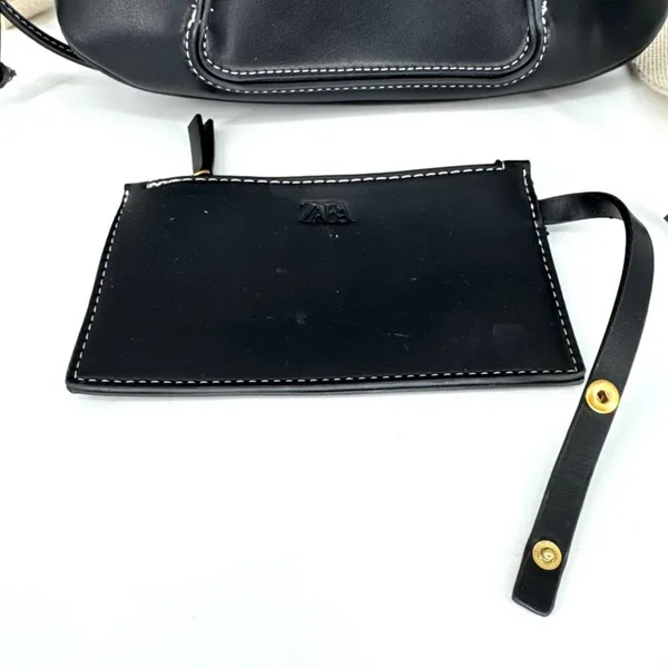 Zara Faux‎ Leather Pleated Crossbody Bag Black with Canvas Strap Black - Image 8