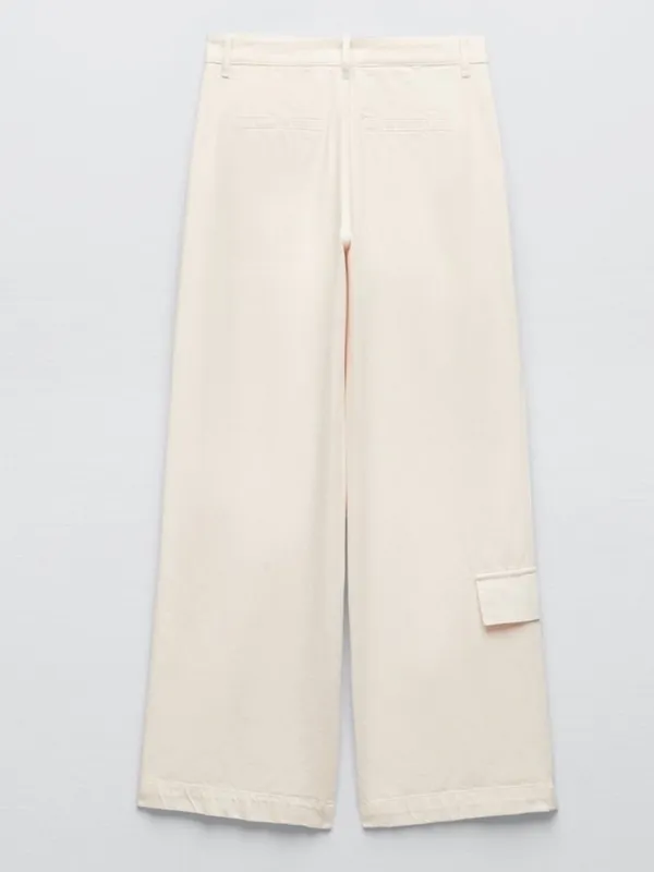 Zara Blogger Favorite Ecru Wide Leg Cargo Jeans Pants Size M - Image 3
