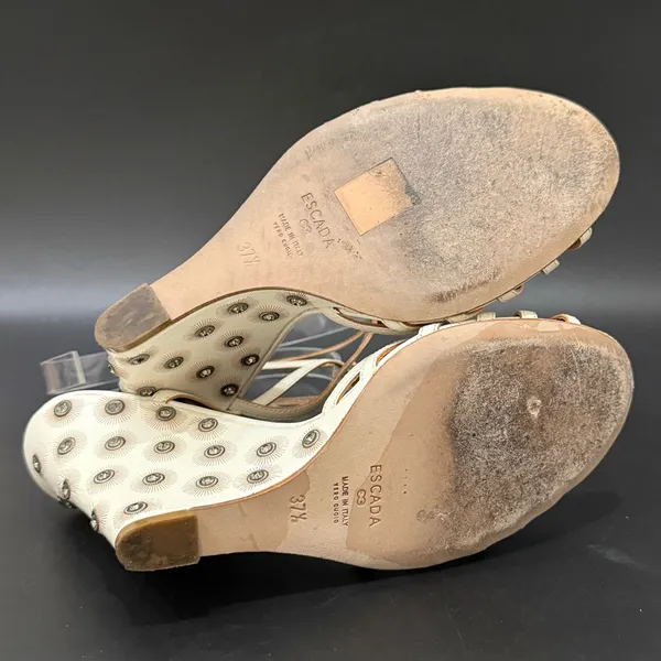 ESCADA Ivory White Leather Crystal Studded T-Strap Wedge Sandals Size 37 1/2 - Image 6