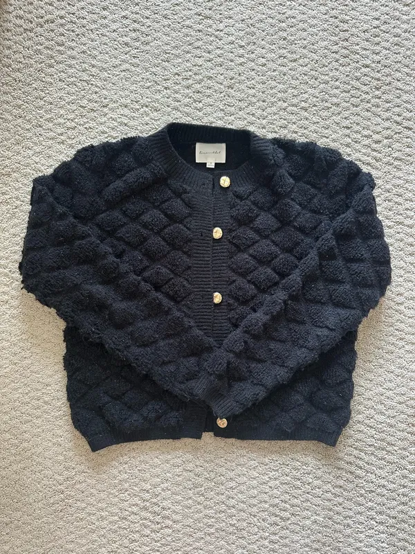 Revolve Line & Dot Black Textured Knit Cardigan with Gold Buttons - Image 3