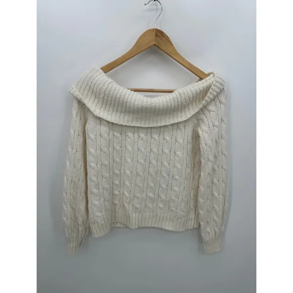 American Eagle Sweater Women Small Cream Fisherman‎ Off Shoulder Knit Boxy Crop - Image 2