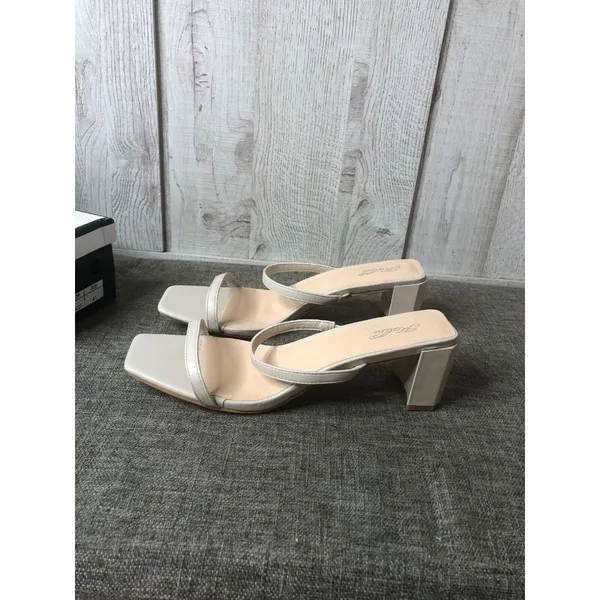 Katlui Womens Sandals 9.5 Beige Apricot Slip On Heels Open Toe Summer Strappy - Image 4