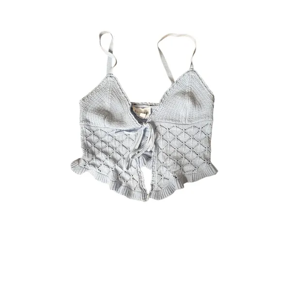 Olive+ Oak Light Blue Pointelle Knit 2 Piece Set Tie Front Crop‎ Top Midi Skirt - Image 3