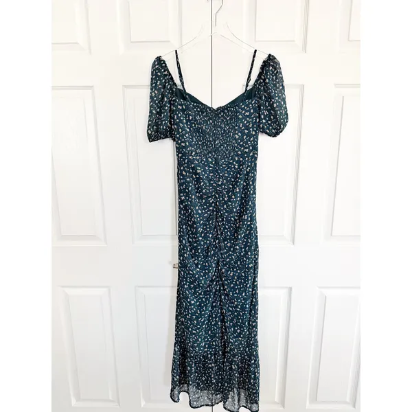 WAYF Nyla Floral Ruched Midi Dress Pine Green Ditsy Floral Puff Sleeve Romantic - Image 9