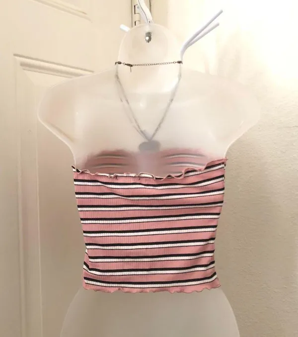 Y2K pink striped tube crop top shirt blouse Sz M Measurement in pics Necklace not included - Image 2