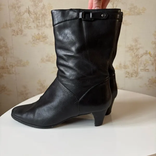 Vintage 90s y2k black leather square toe block heel zip buckle whimsigoth boots - Image 4