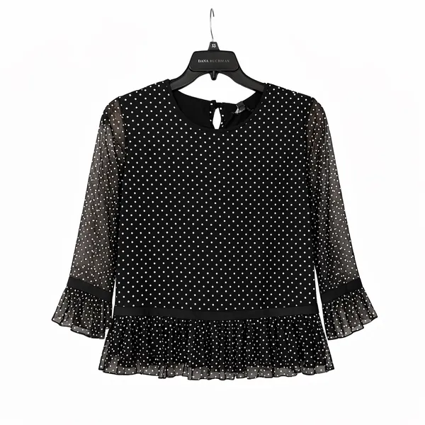 NWT DKNY XS Black Polka Dot Mesh Peplum Blouse Sheer 3/4 Ruffle‎ Sleeve Top - Image 3