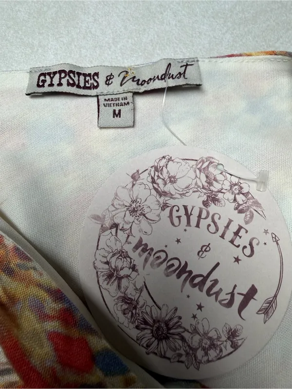 Gypsies & Moondust Tie-Shoulder Mini Dress in Orange, Blue & Cream - Image 6
