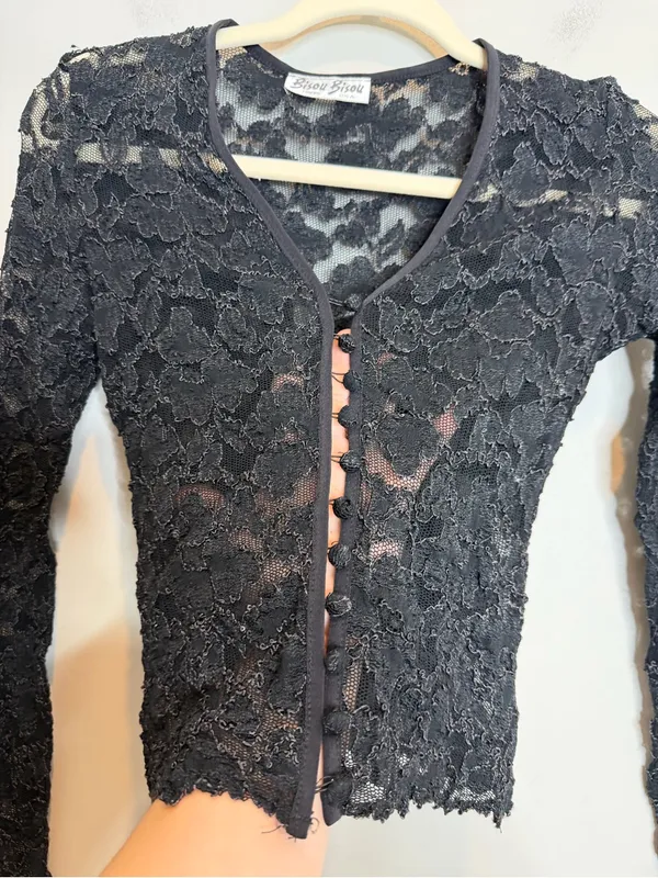 VTG Bisou Bisou USA Black Floral Sheer Lace Whimsigoth Top Long Sleeve Y2K XS - Image 3