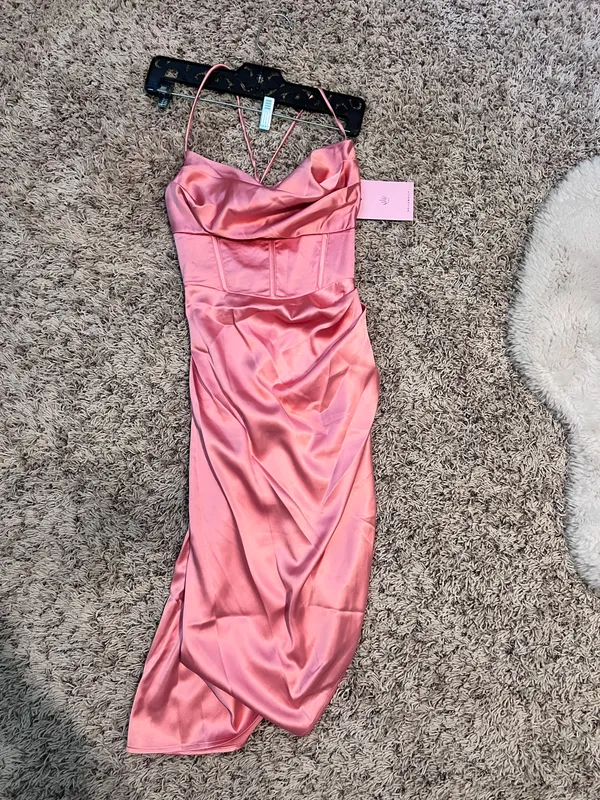 Hello Molly My Fierce Heart Satin Pink Midi Dress Size Small - Image 4