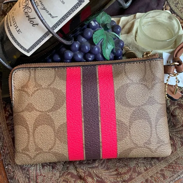 Authentic COACH Signature Coated canvas/stripes zip top card wristlet - Image 4
