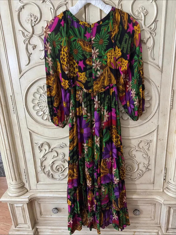 FARM Rio Star Fruit Floral Tiered Maxi Dress in Purple, Green & Yellow Sz Small - Image 12