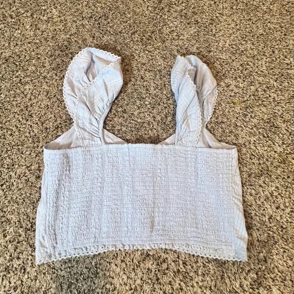 Aerie Light Blue Ruffle Strap Button Front Smocked Back Cotton Crop Top XL NEW‎ - Image 7
