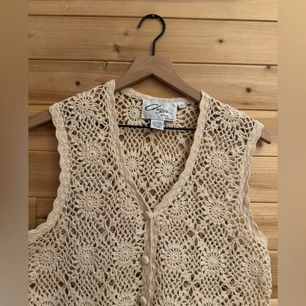 Vintage Chazzz Charles Ghailian Large Open Knit Crochet Button Front Vest Boho - Image 5