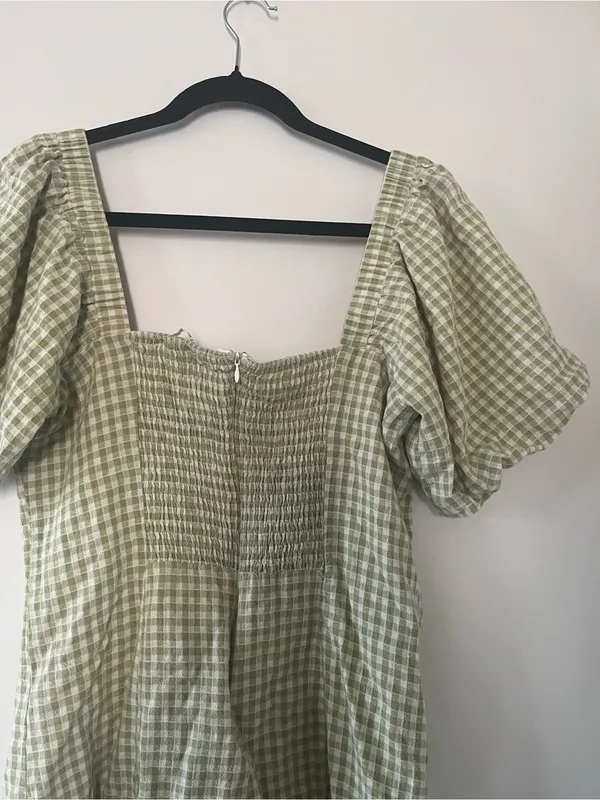 Sage Green White Gingham Puff Sleeve Mini Dress Large Cottagecore Western Farm - Image 7