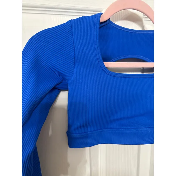 Royal Blue Cropped Long Sleeve Ribbed Workout Top, Small - Image 2