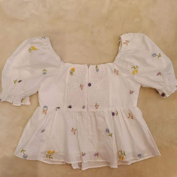 English Factory White Puff Sleeve Embroidered Floral Peplum Top - Image 6
