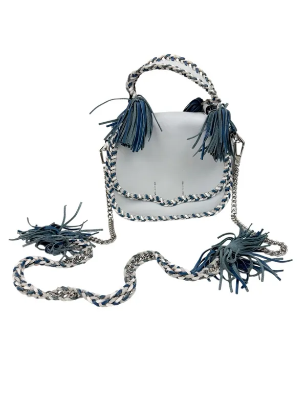 Rebecca Minkoff Chase Medium Saddle Bag Light Blue Leather Tassel Crossbody Bag - Image 3