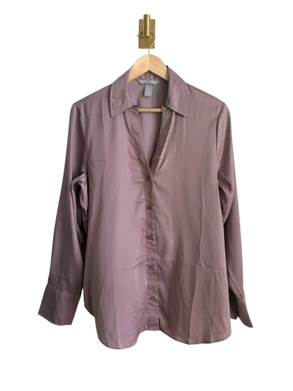H&M Satin Button Down Blouse Womens M Dusty Rose Pink Long Sleeve Work Office - Image 2