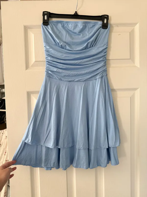 Merokeety BNWT Light Blue Strapless Ruched Waist Tiered Mini Dress - Image 7