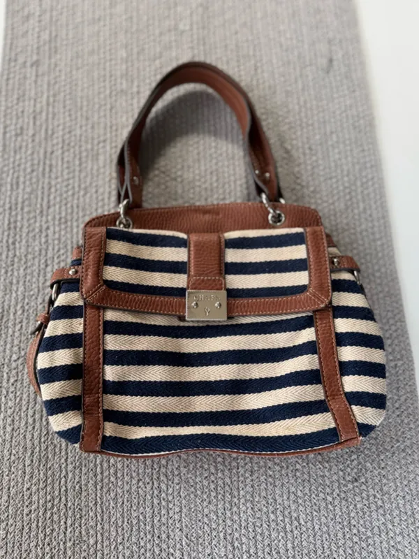 Vintage Chaps Navy Blue and Ivory Striped Shoulder Bag Purse - Image 2
