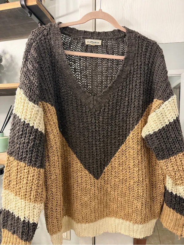 MACARON V-Neck Colorblock Sweater in Brown, Tan & Cream - Image 3