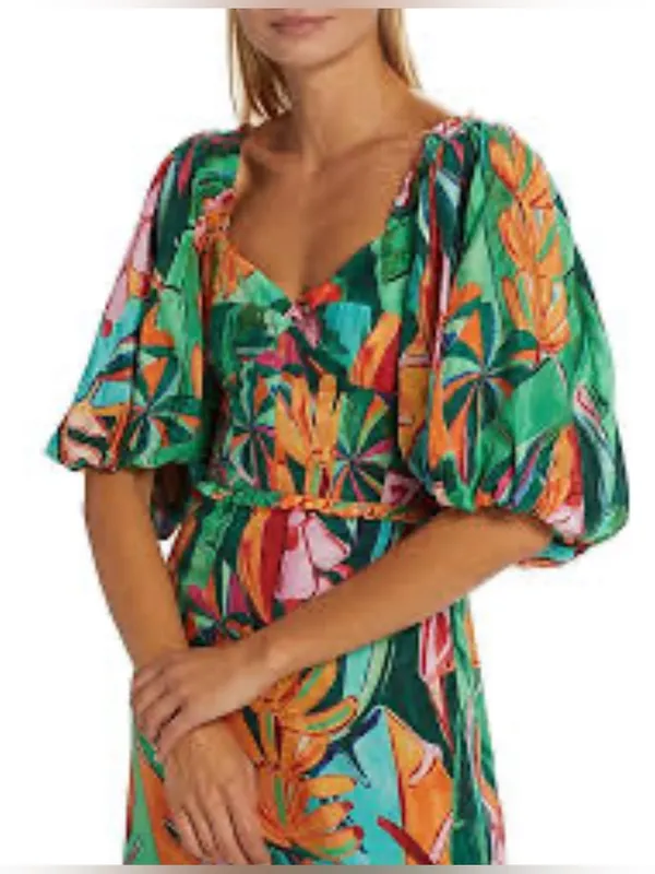 Farm Rio Puff-Sleeve Midi Dress Banana Leaf - Image 6