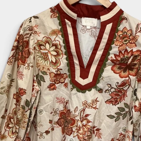 Entro Floral V-Neck Balloon Sleeve Fall Blouse Tan Orange Red Small - Image 11