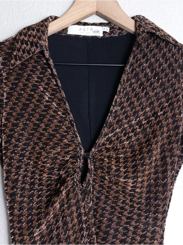 ASTR Nia Metallic Houndstooth Mini Dress XS Copper Black Vneck Jersey Stretch - Image 7