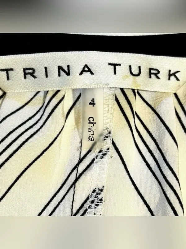 💥Trina Turk Silk Chevron Blouson Drawstring Waist Dress Black Ivory Sz 4💛 - Image 10