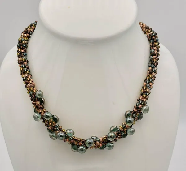 Artisan Beaded Necklace with Green and Brown Accents - Image 2