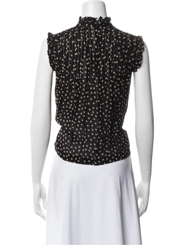 GANNI 2025 Polka Dot Print Mock Neck Smocked Ruffle Pleated Flowy blouse top XS - Image 4
