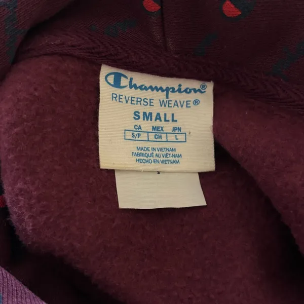Champion Reverse Weave Hoodie Small Women's All Over Logo Print Burgundy Maroon - Image 8