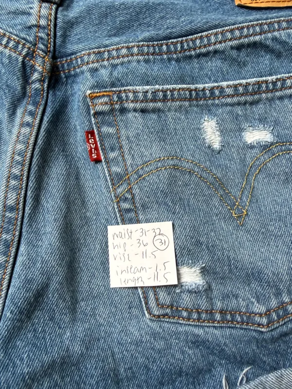 Levi’s 501 Button Fly Light Blue Distressed Denim Shorts Mini Shorts Size 31 32 - Image 9