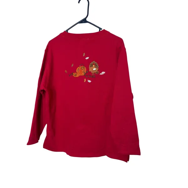 Quacker Factory Red Fall Thanksgiving Embroidered Sweatshirt Womens Medium - Image 8
