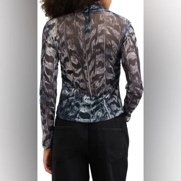 AllSaints Tia Long Sleeve Mesh Top in Inez Blue - US 4 - Image 4
