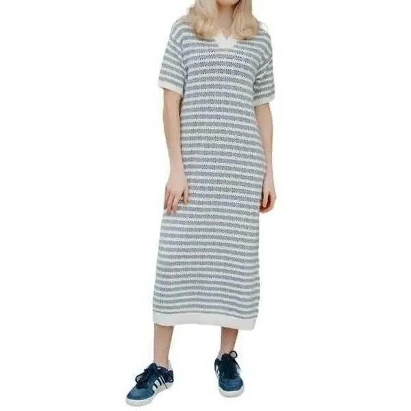 Miou Muse Striped Open Knit Midi‎ Dress Collared Blue/White Size M NEW Nautical - Image 9