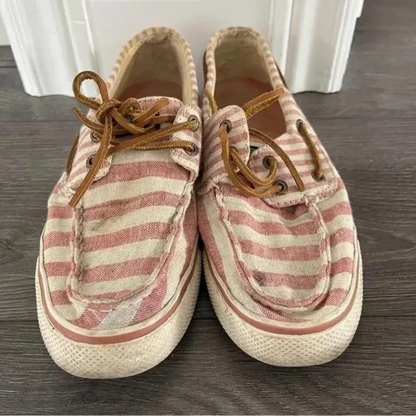 Sperry Boat Shoes Red and White Seer Sucker Stripe Leather Lace Up Preppy Size 7 - Image 2