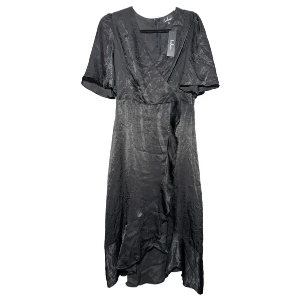 Lulus Black Metallic Wrap Midi Dress Flutter Sleeve High‎ Low Ruffle M NWT - Image 2