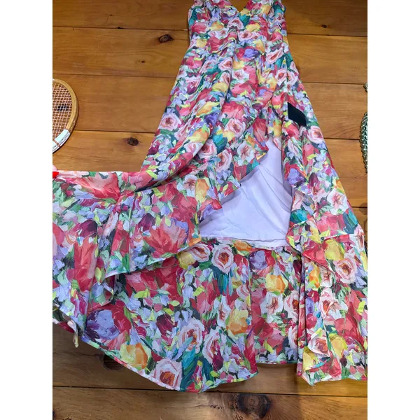 NWT Lulus Laraline Red Multi Floral Ruffled Cowl Back Maxi Dress Cruise Resort L - Image 5
