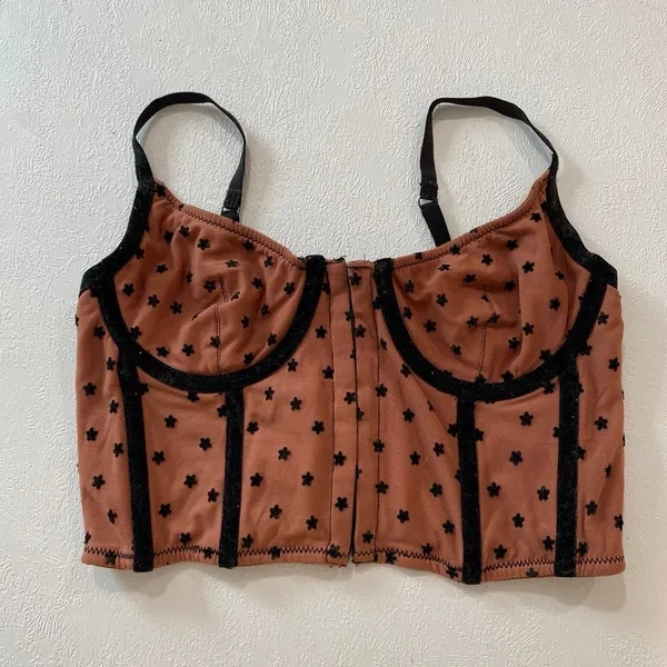 Brown Sheer Mesh Floral Corset Bustier Top Size S Coquette Fairycore - Image 2