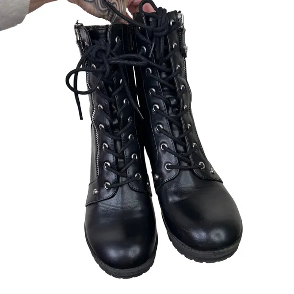 GUESS Los Angeles Black Lace-Up Hiker Booties Zip Chunky Block Heel Combat Boots - Image 6