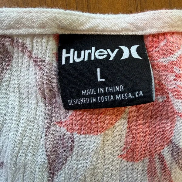 Hurley Floral Button Front Mini Dress Cream Coral Puff Sleeve Size Large - Image 10