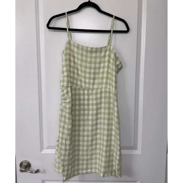 Weekend Los Angeles Green Gingham Linen Blend Ruched Side Slit Mini Dress M NWT - Image 2