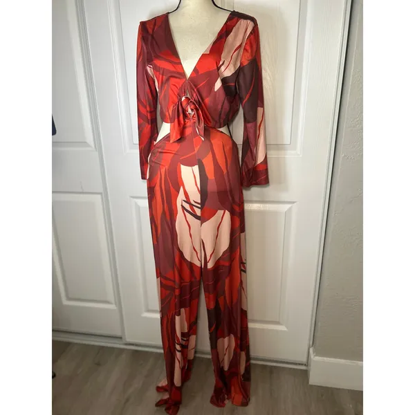 NWT Anthropologie Hutch Cutout Bold Floral Wide Leg‎ Cutout Tie Front Jumpsuit - Image 3