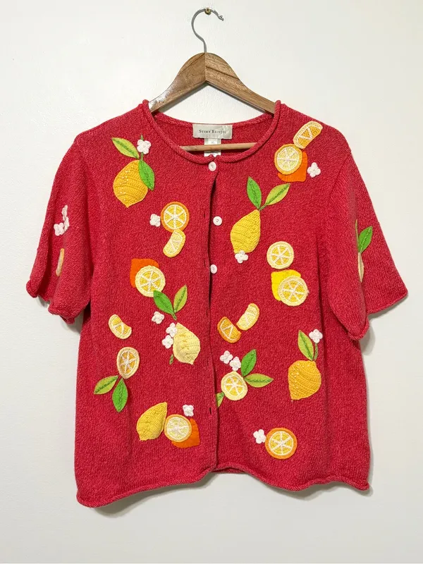 Susan Bristol Vintage Lemon Knit Cardigan Sweater Size Large XL Vtg - Image 2