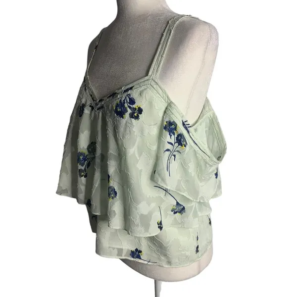 Lucky Brand Cold Shoulder Floral Blouse M Mint Green Flocked Ruffle Layers - Image 3