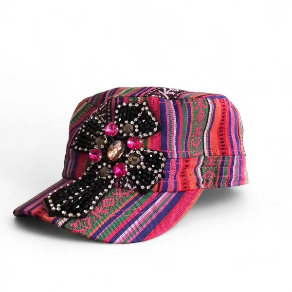 Y2K Boho Chic Kitschy Gypsy Hippie Aztec Western Beaded cross messenger cadet military newspaper baker boy cap hat - Image 5