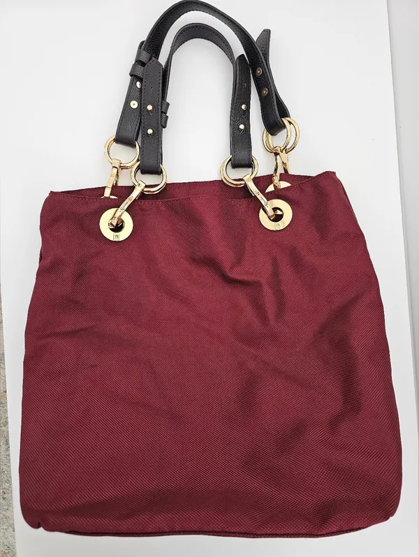 JPK Paris 75 Burgundy Ballistic Nylon Tote Bag - Floral Lining & Gold Hardware - Image 2