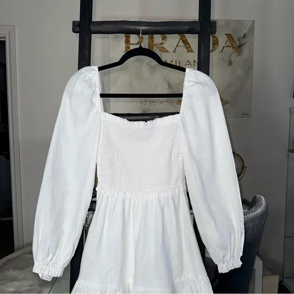 New Aritzia Wilfred New Tempest White Smocked Linen Mini Dress Square Neck Small - Image 15